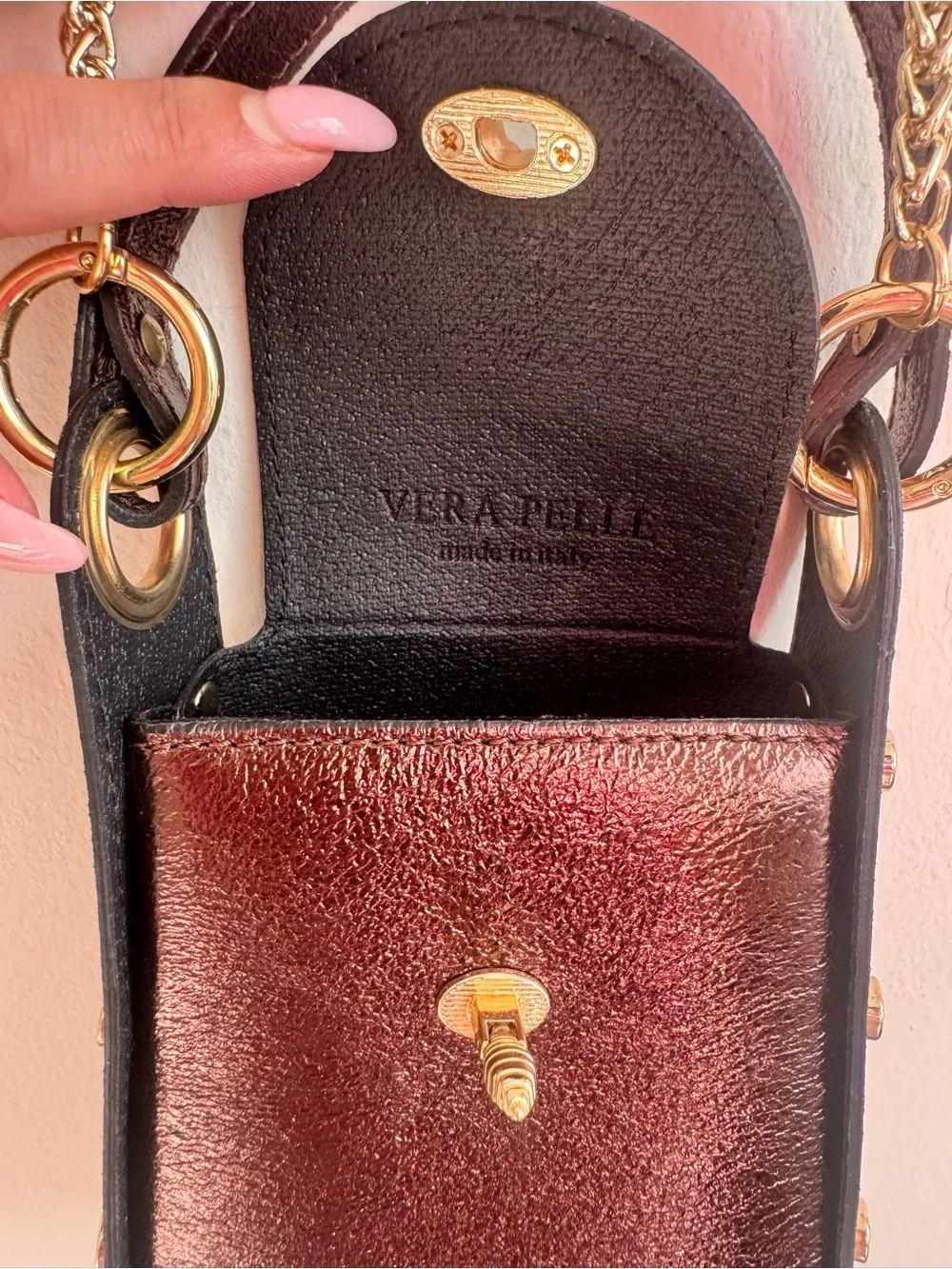 Vera Pelle Metallic Bronze Leather Bee Phone Crossbody Bag Made in Italy